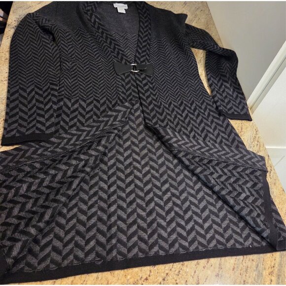 Soft Surroundings Wool-Blend Long Cardigan Size S  Black Gray Chevron Buckle - Picture 5 of 13